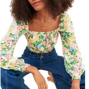 AFRM Floral Puff Sleeve Top Square Neck S Green Pink Feminine Boho Cottagecore